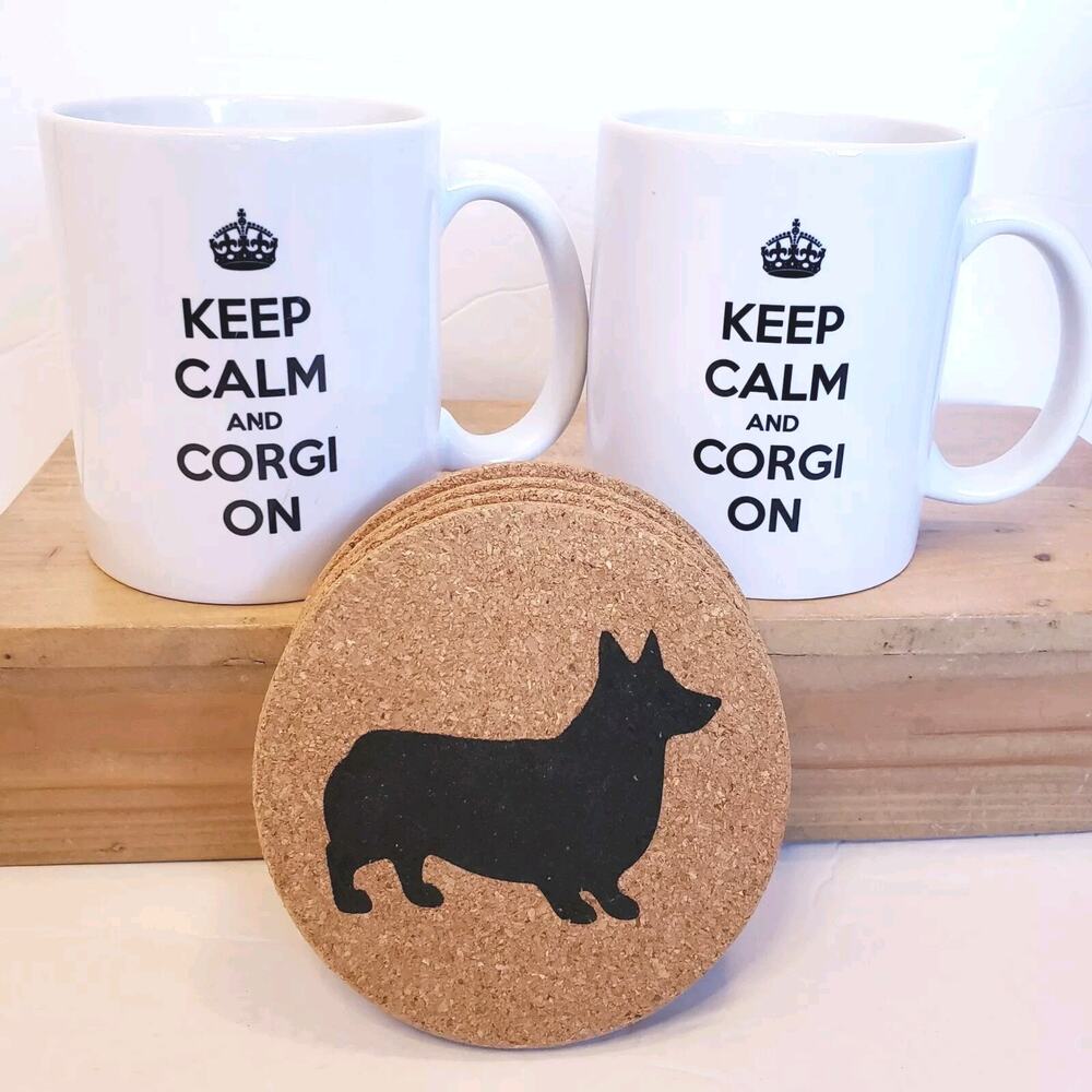 2 Keep‎ Calm And CORGI On Mugs Ceramic Coffee Cups & 4 Corgi Dog Cork Coasters